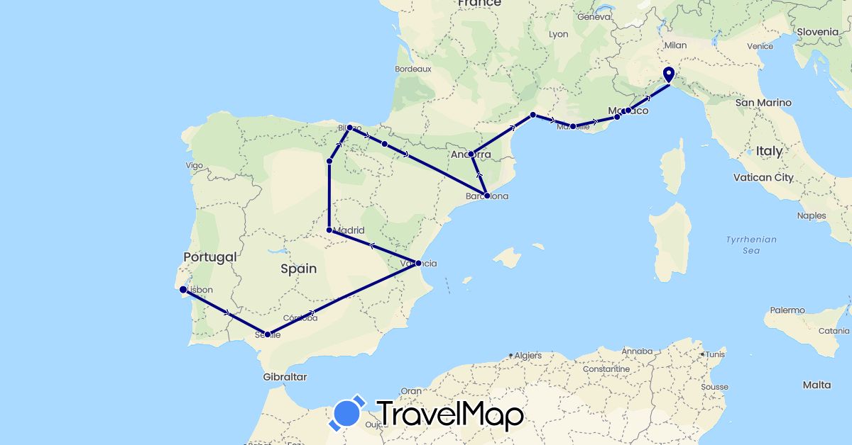 TravelMap itinerary: driving in Andorra, Spain, France, Italy, Monaco, Portugal (Europe)